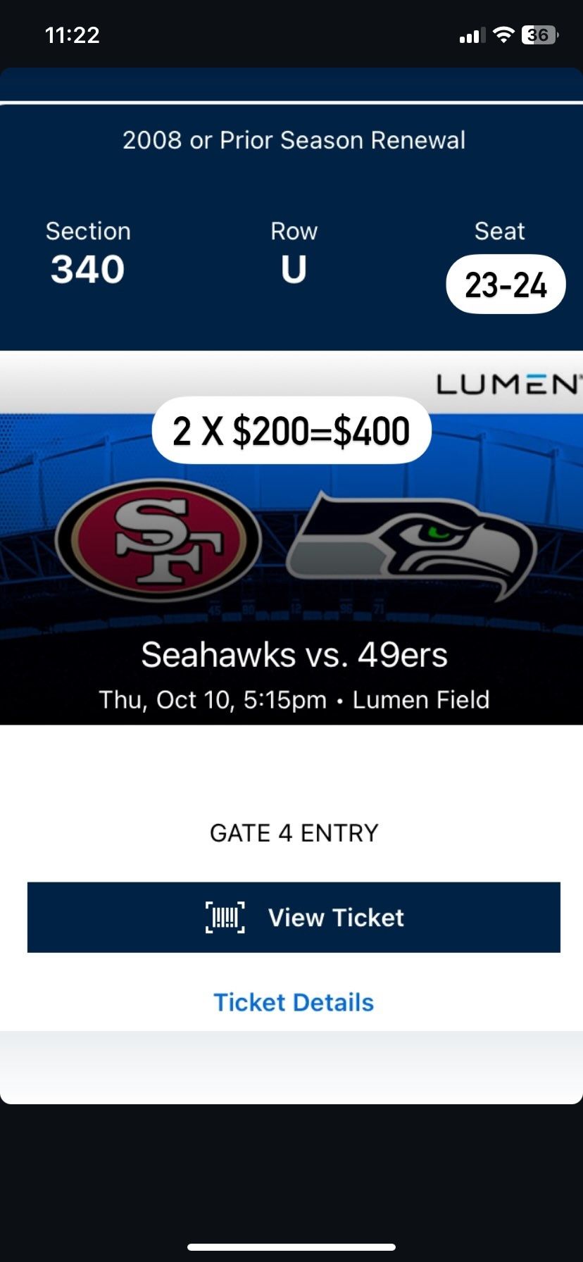 Seattle Seahawks VS San Francisco 49ers Tickets