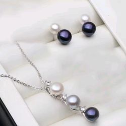 925 Sterling Silver Natural Freshwater Black Silver White Pendant Necklace With Matching Earrings 