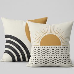 NEW (Set of 4) Society6 Boho Pillows - Sunrise Ocean & MCM Sun Rainbow