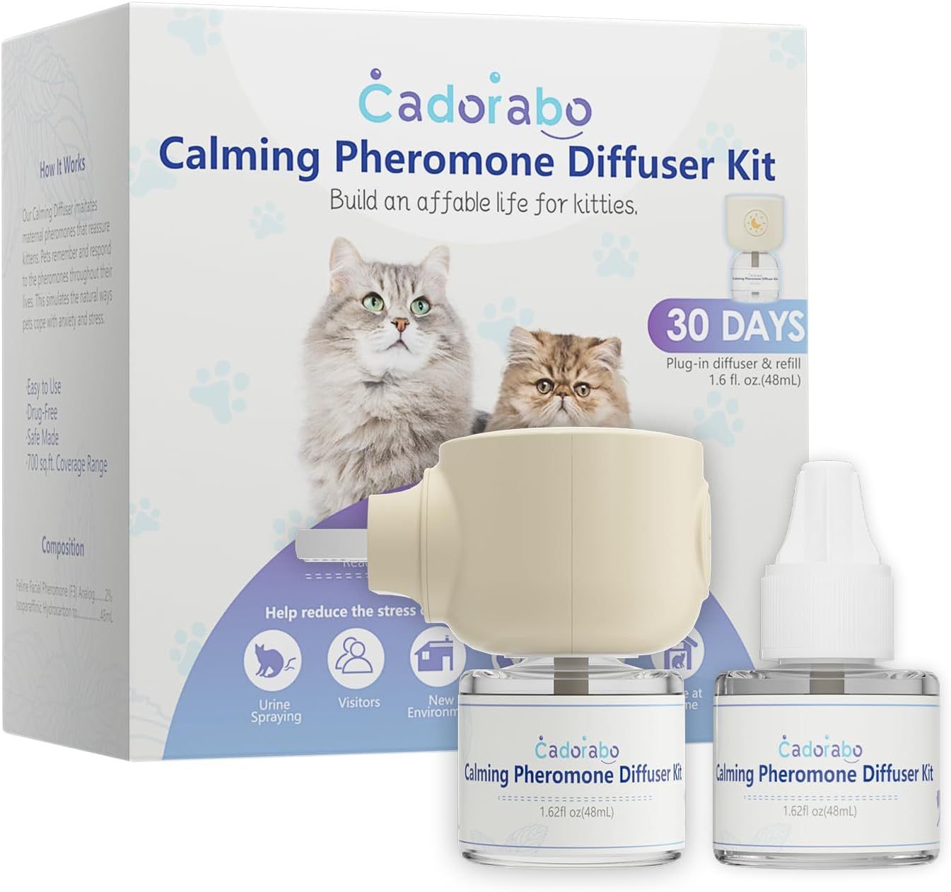 Cat Pheromones Calming Diffuser, 2 in 1 Cat Calming Starter Kit (Diffuser Head + 48mL Vial), Effectively Relieve Anxiety Stress Cat Calming Diffuser,
