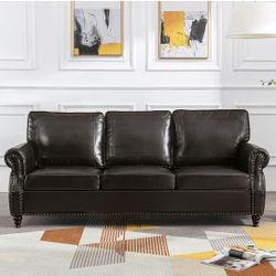 79'' Traditional Faux Leather Sofa Couch with Nailhead Trim, Classic 3-Seater Couch with Rolled Arm for Living Room, Bedroom, Apartment, Easy Assembl
