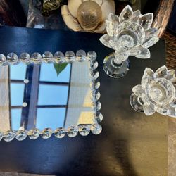 Set of GLAM crystal lotus candle holders PLUS glam crystal boudoir tray wedding gift holiday