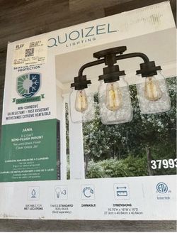 Quoizel Lighting 3 Light Semi Flush Mount Light Fixture Black Finish with Clear Glass Jars New, Open Box 16" x 16" x 10.75"