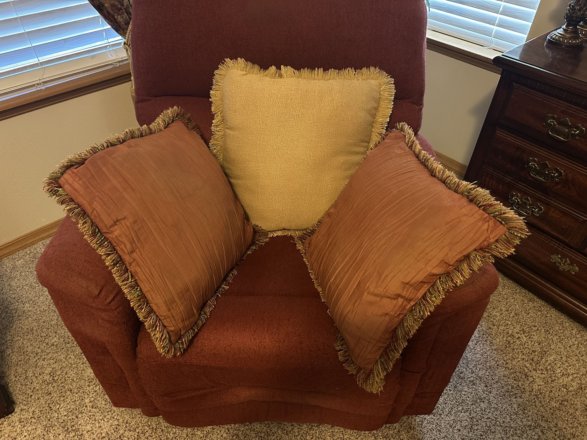 Gold and burgundy decorative throw pillows. Set of 3