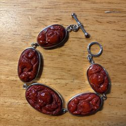 GORGEOUS~ STERLING LARGE CARVED CORAL LINK BRACELET- CHERUBS & EAGLES