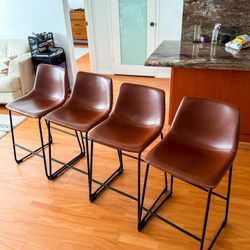 Set of 4 Brown Leather Counter/Bar Stools – Metal Base