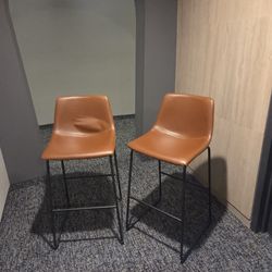 Modern Leather Bar Stools with Backrest and Metal Legs - Set of 2, 29" Height