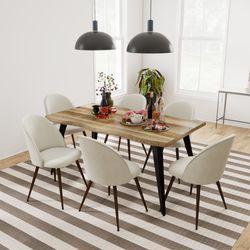 Homy Casa Lancelot 7PC Dining Set 63” Walnut Table with 6 Haven Beige Upholstered Chairs