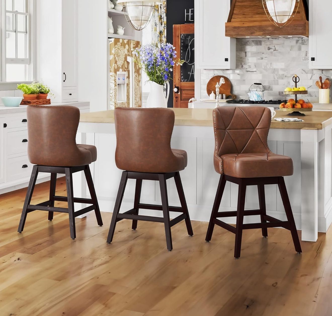 Counter Height Bar Stools Set of 3, 26" H Swivel Bar Stool with Back, Faux Leather Counter Stool, Solid Wood Legs, Retro Upholstered Barstools for Kit