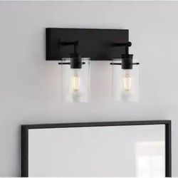 New Vanity Light 12.75 in. 2-Light Matte Black Bathroom with Clear Glass Shades