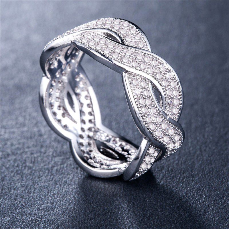"Wave Crystal Zircon Romantic Iced Out Silver Plated Diamond Ring, L561