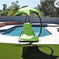 Hanging Chaise Lounger Chair Arc Stand Porch Swing Hammock Chair W/Canopy (Lime)