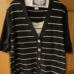 Michael Kors 2x S/S Knit Faux Cardigan Black W/White Strips Layered Sweater