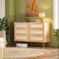 Rattan Dresser for Bedroom, 6 Drawer  Boho , Chest of Drawers, TV Stand for 55 inch TV, , Light Oak H-65