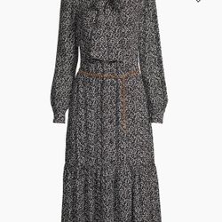 Michael Kors Tie-Neck Midi Silk Blend Dress Black/White Size 6 Retail $471