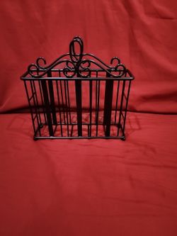 MAIL LETTER/ NAPKIN HOLDER VINTAGE TABLE/ SHELVE BLACK IRON SCROLL BALL FEET.