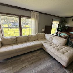 Cream Leather Sectional Sofa - 6 seats