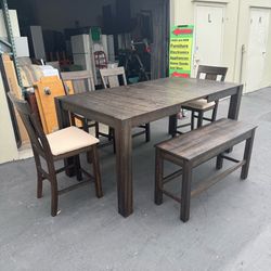 GREAT VECA Solid Wood Walnut Counter Height Dining Set Extendable Table, Storage Bench and 4 Chairs