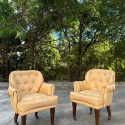 Vintage Mid Century Modern Cream Genuine Leather Set Of 2 Rolling Armchairs Lounge Chairs Club Chairs  