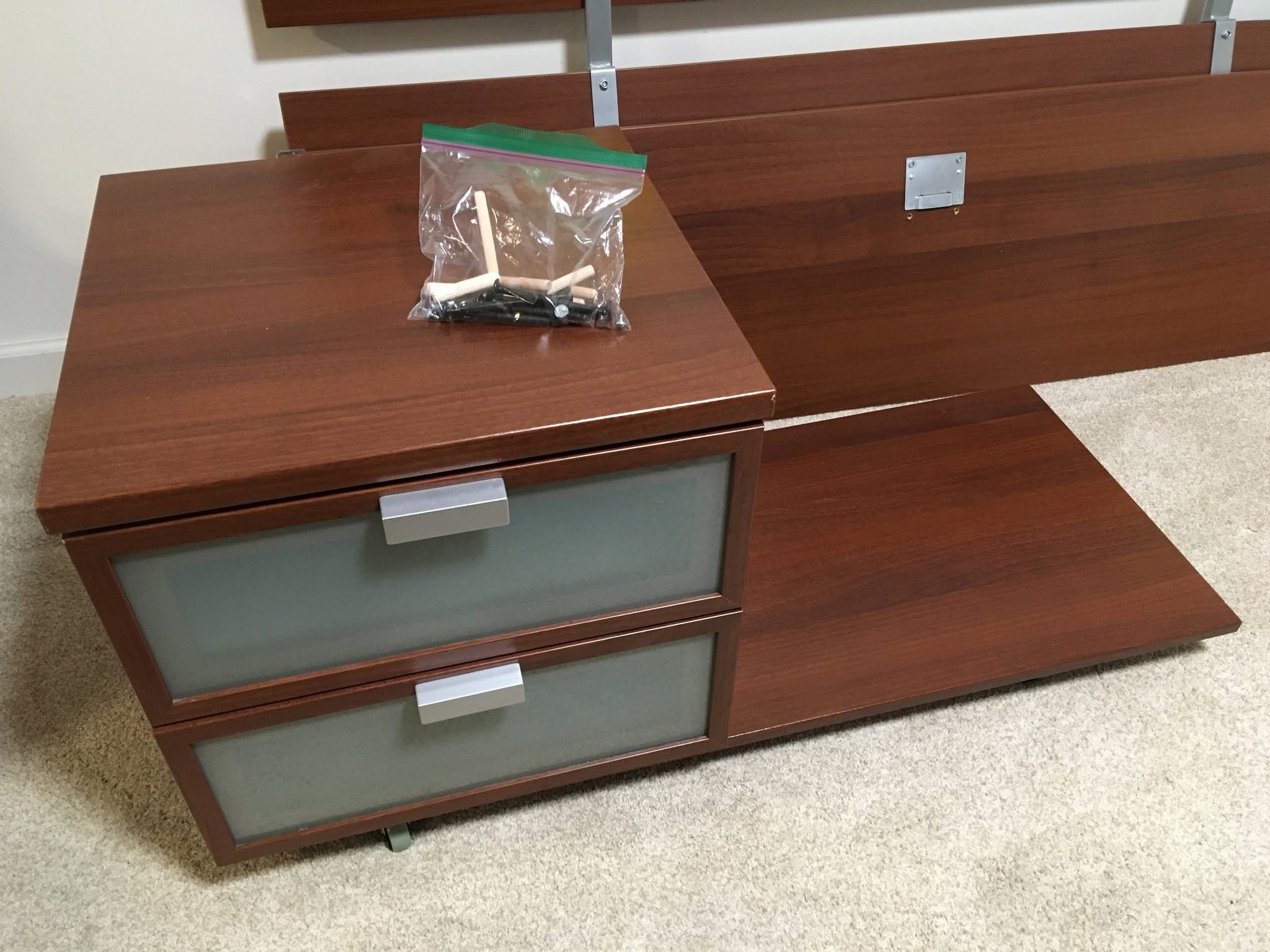 Ikea HOPEN full size bed frame and matching nightstand.