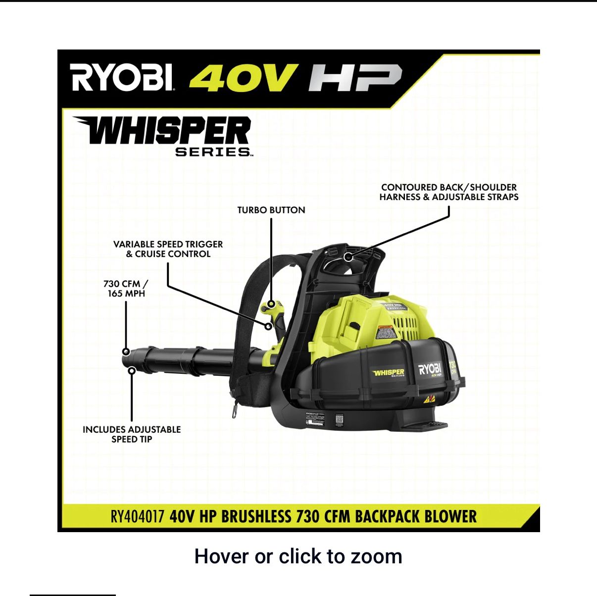 40V HP BRUSHLESS 730 CFM BACKPACK BLOWER KIT.  No Batteries