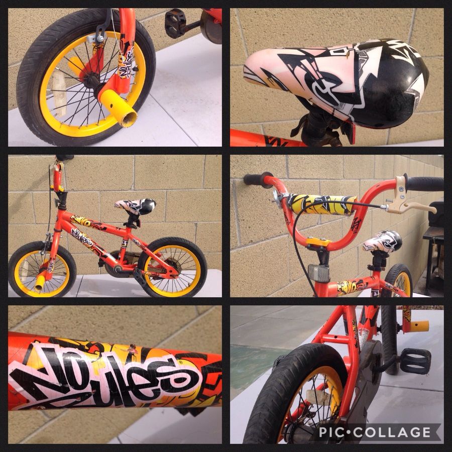 $6 Kids Bike, 14" No Rules Brand by Kent International. Stylin' Orange Frame with Yellow Rims. It does NEED new tires. Otherwise in terrific and