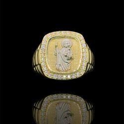 14K GOLD TWO-TONE SAN JUDAS RING W ZIRCONIA STONES