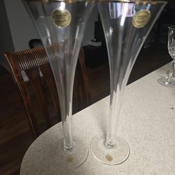 ~ Block Crystal CELEBRATION 2 Hollow Stem Champagne Flutes Optic Gold Rim 10" Vtg ~