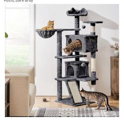 57 inches Cat Tree for Indoor Cats, Multi-Level Cat Tower w/ 3 Perches, 2 Cat Condos, 2 Hanging Balls and Scratching Posts, Dark Gray