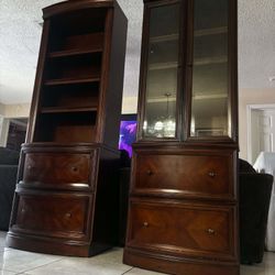 BOMBAY Vintage Solid-Wood Bookshelves With Filing Cabinets & Glass Doors- Good Condition