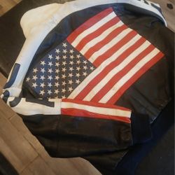 VINTAGE 90s Michael Hoban Wheremi USA American Flag Leather Bomber Jacket 2XLT 
