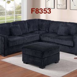 BLACK CORDUROY 99x99  SECTIONAL WITH OTTOMAN 
