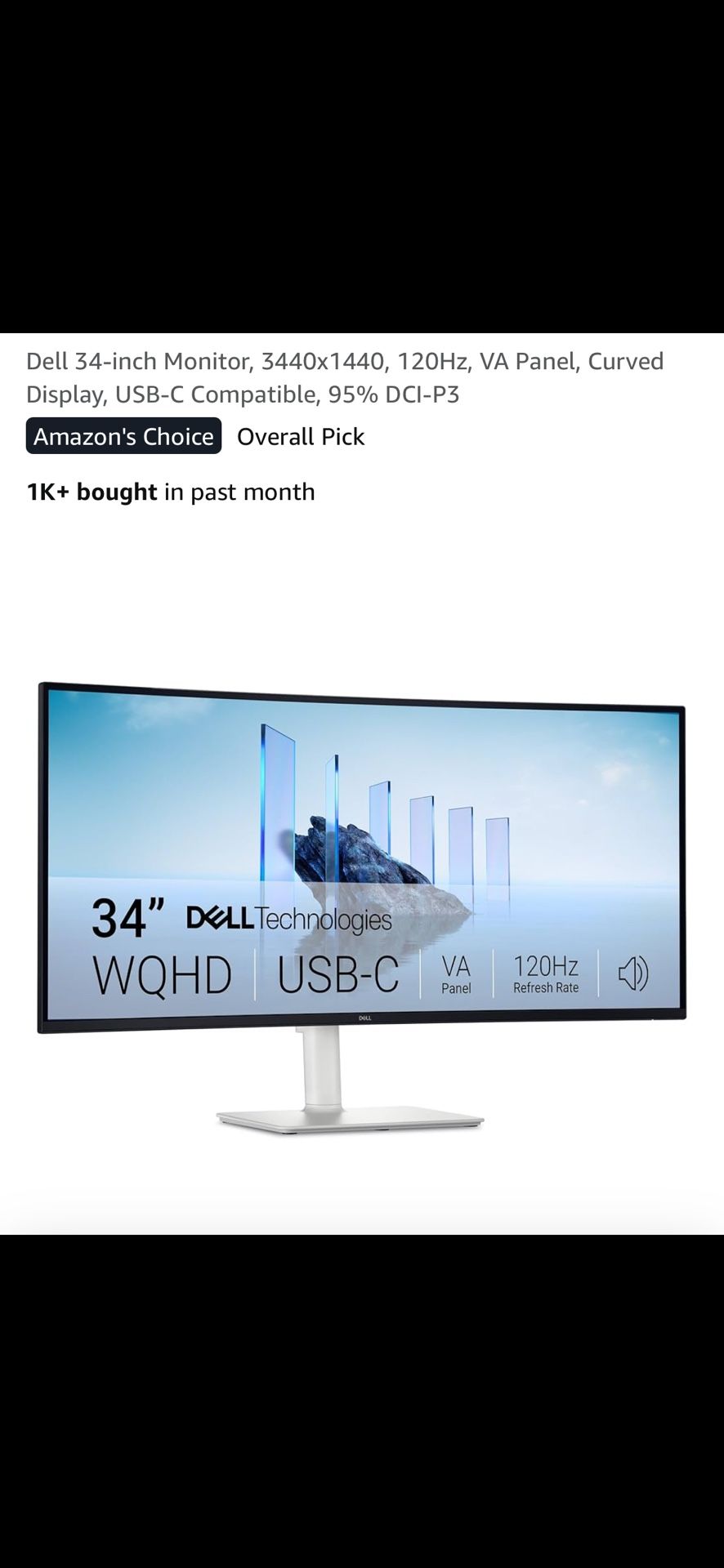 Dell 34-inch Monitor, 3440x1440, 120Hz, VA Panel, Curved Display, USB-C Compatible, 95% DCI-P3