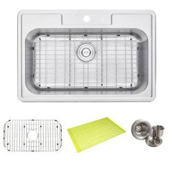 Emodern Decor Topmount Drop In Stainless Steel 33 in. x 22 in. x 9 in. Deep 1 Faucet Hole Single Bowl Kitchen Sink with Accessories