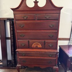 Queen Anne Antique Mahogany Tall Boy Dresser, Full Size Bed Frame And Dressing Table With Bench