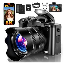 8K Digital Camera, 88MP WiFi Cameras for Photography with 3.2" Touchscreen, Autofocus, 16X Zoom, Anti-Shake, Dual Lens Vlogging Camera for YouTube, 2 