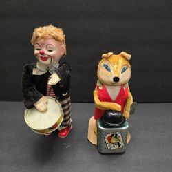 Vintage Windup Tin Litho Clown And Fox Toys - Japan Made