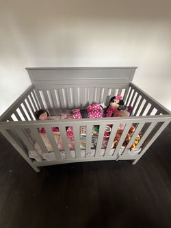 Gray wooden baby crib and car seat free must Pick Up