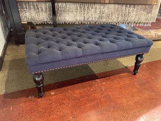 Navy Blue Tufted Ottoman with Nailhead Details