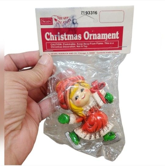 Vintage Sears Trim Shop Girl with Gift Christmas Ornament