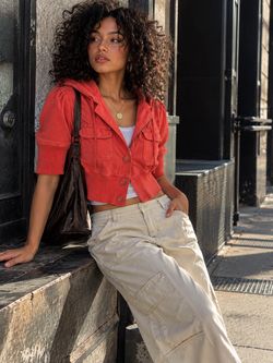 Tulle Women’s Coral Rust Hooded Cropped Jacket Short Sleeve Utility Blazer Size L