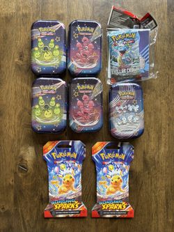 Pokemon TCG: Scarlet & Violet Lot (5) Paldean Fates Mini Tins (1) Stellar Crown MINI ALBUM PORTFOLIO w/ Booster Pack (2) Surging Sparks Blister Booste