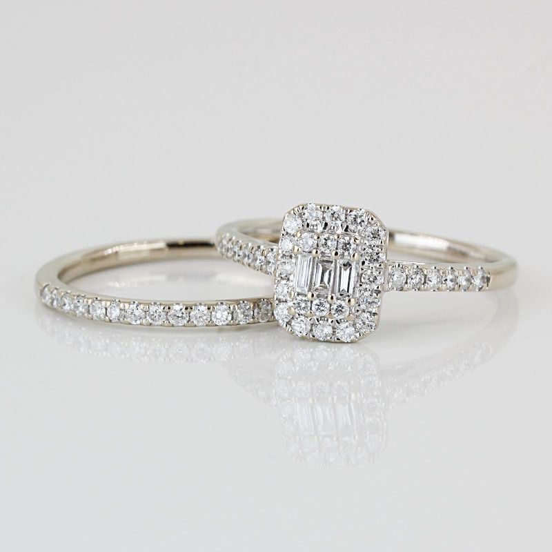 14K White Gold Baguette +Round-cut Diamond 2Pc. Wedding Ring Set