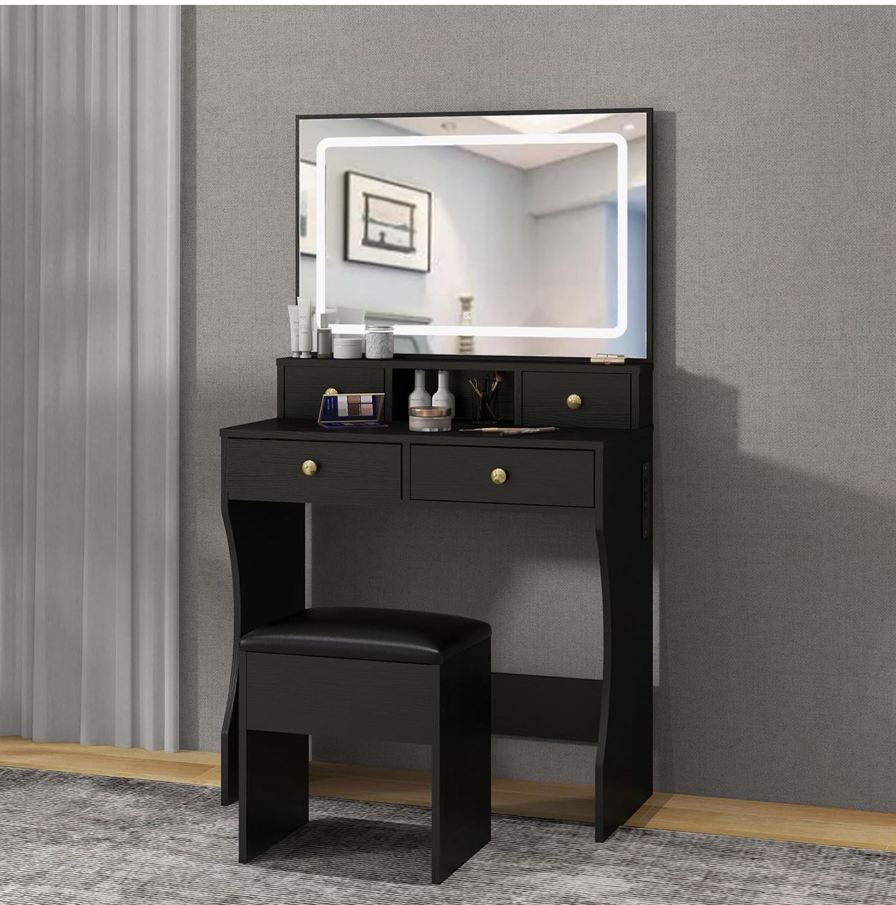 Vanity Desk Set with Adjustable LED Lighted Mirror, Girls Makeup Dressing Table with Stool and 4 Drawers Storage Makeup Table with Power Outlet for Be