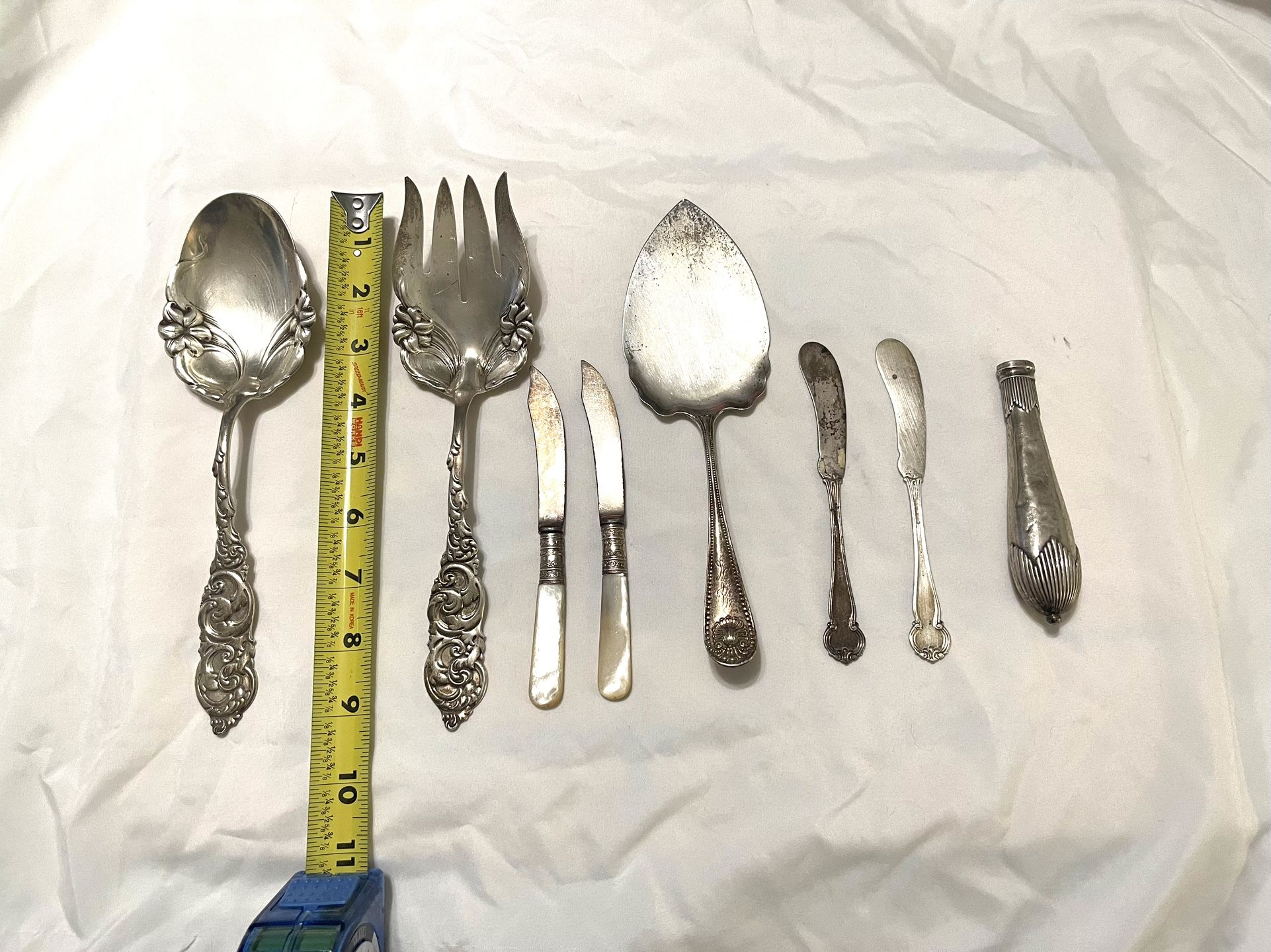 Antique .925 Silver Serving, Servingware. Some Are Matching. To have mother of pearl handles. Weighs 378 Grams.