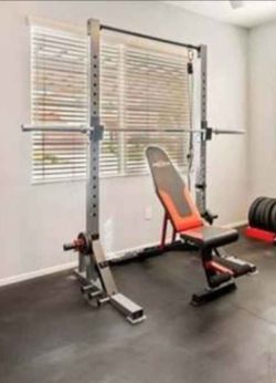 Olympic Bench Press / Squat Rack Set + Barbell + 295 lbs Rubber-Coated Weights