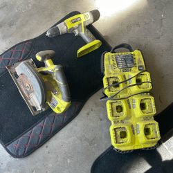Ryobi Charger Dock, Drill With Drill Bits, And Saw