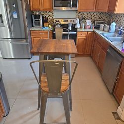 beautiful square metal bartable set with wood top and 2 stools