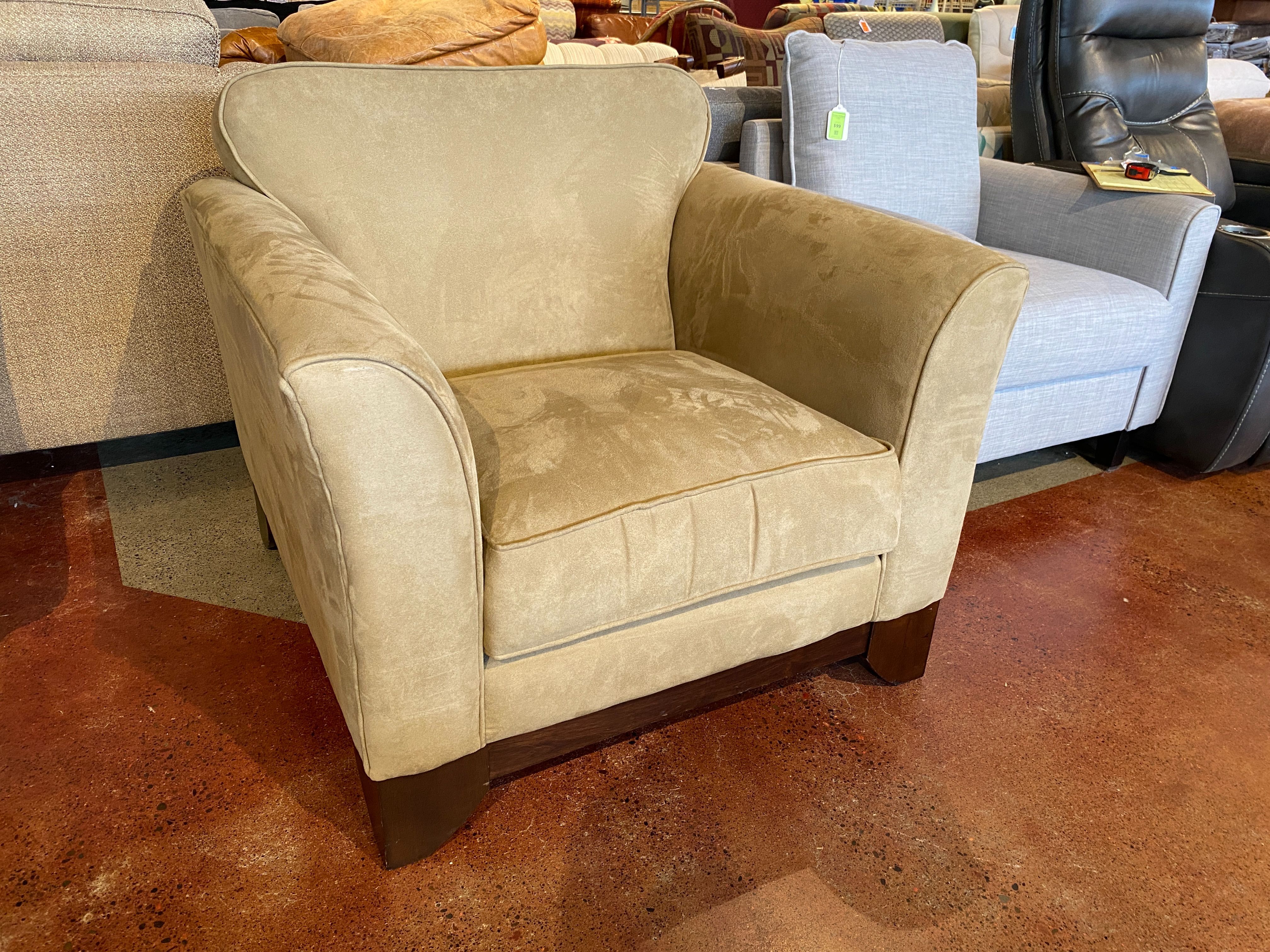 Suede Armchair with Wood Base in Tan