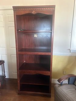 Lighted Traditional Cherry Wood 5-Shelf Bookcase